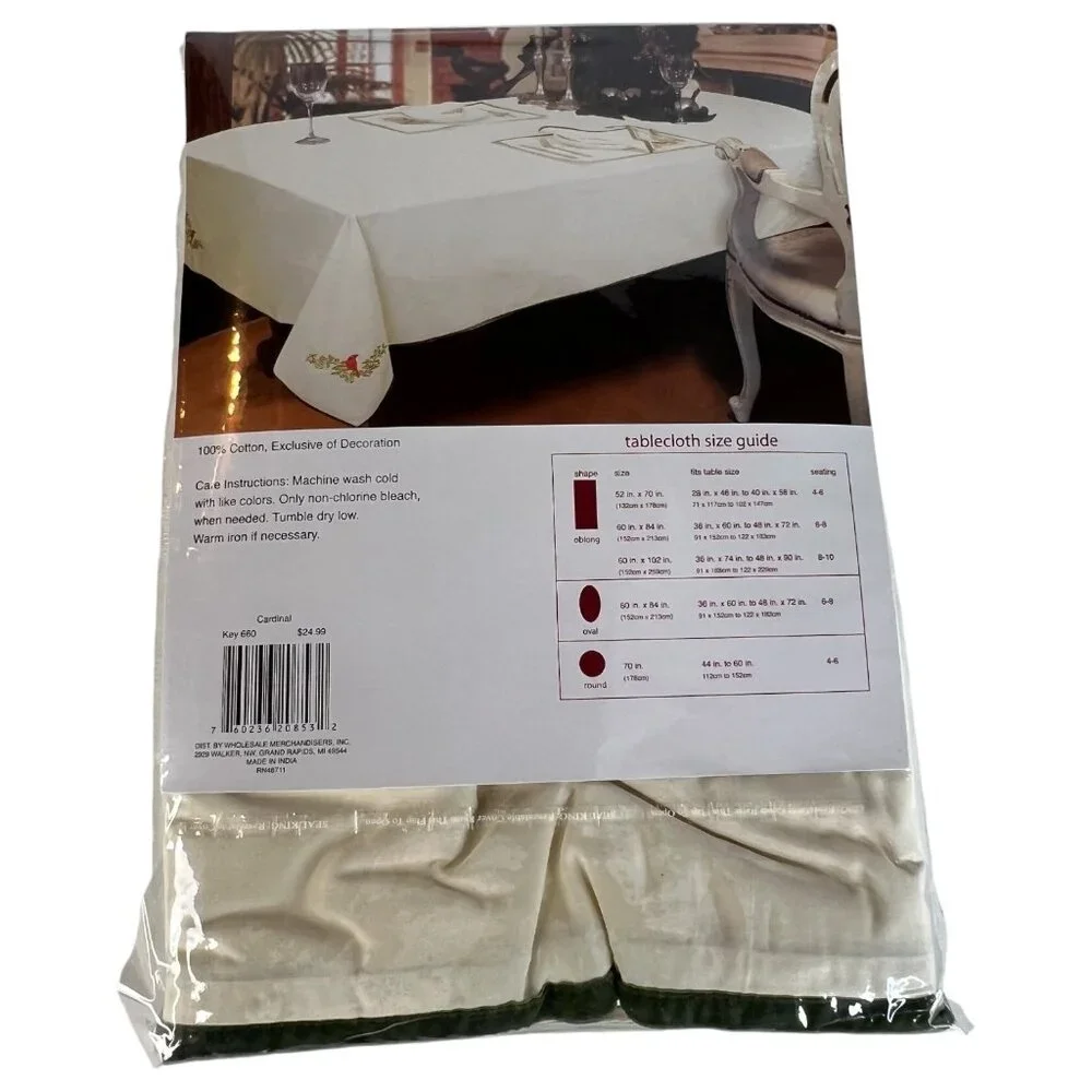 December Home Oblong Fabric Tablecloth With Cardinal & Holly Embroidery 60